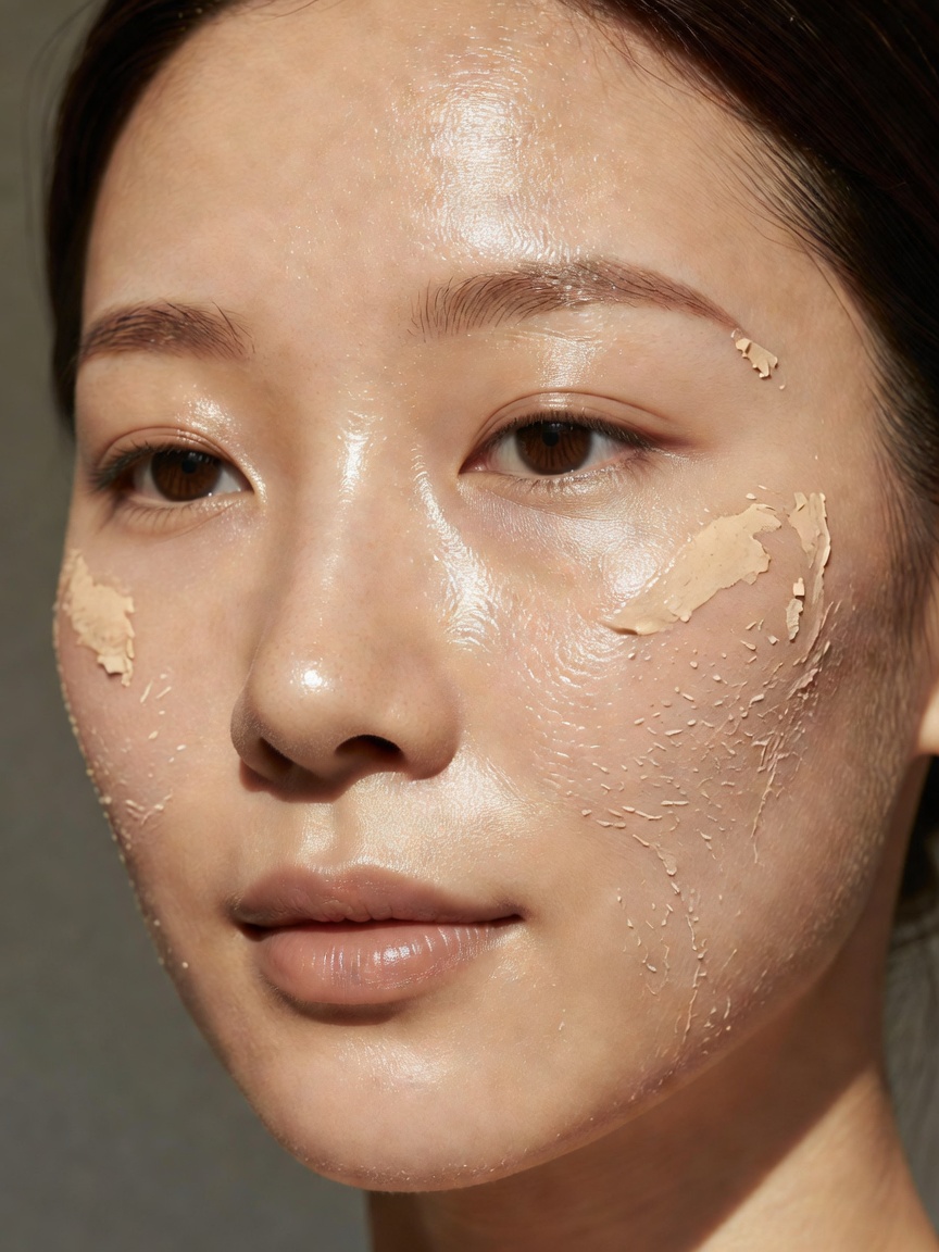 복합성 피부에서 화장 뜨는 이유를 보여주는 얼굴 클로즈업
