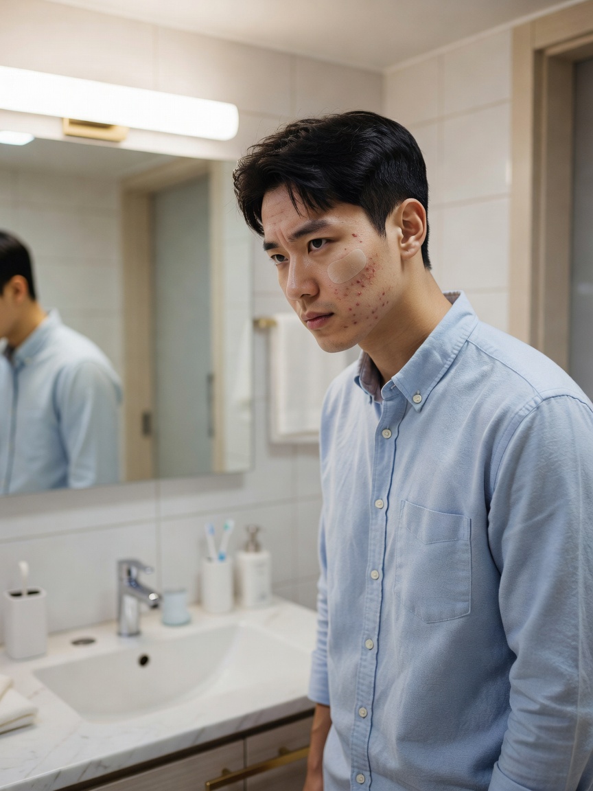 남자 소개팅 여드름패치 붙이고 거울 보는 모습