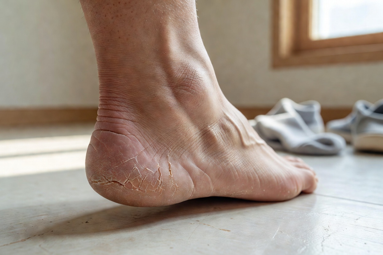 발 뒤꿈치 각질 원인 중 피부 건조와 압력이 주요하게 작용하는 모습