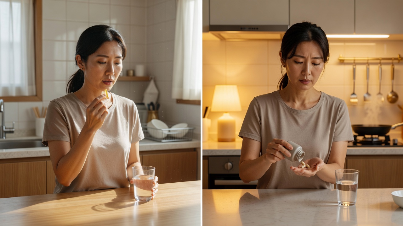 비타민씨 메가도스 피부 루틴을 아침과 저녁으로 나누는 모습