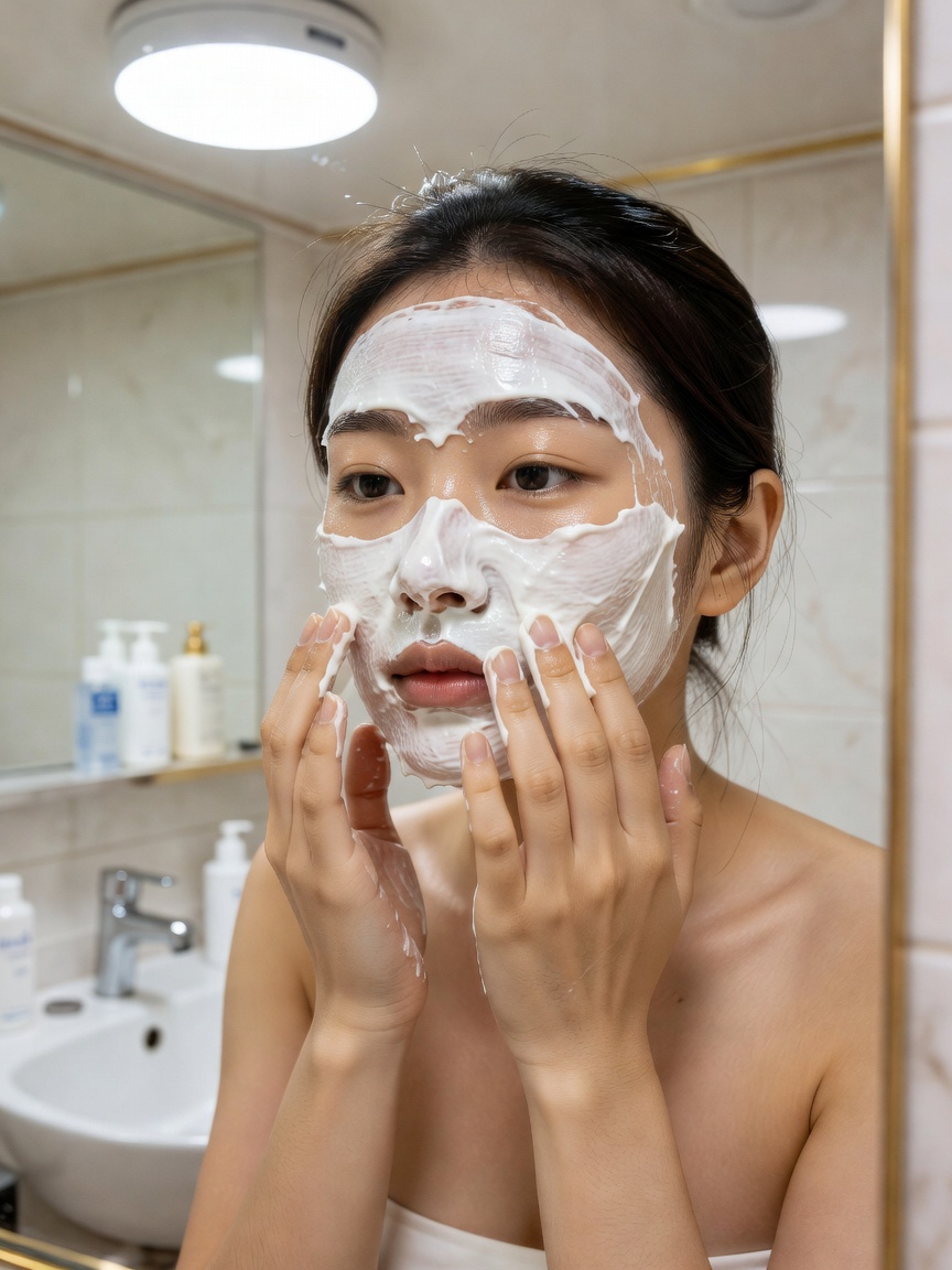 다이소 슬리핑팩을 얼굴에 듬뿍 바르는 모습